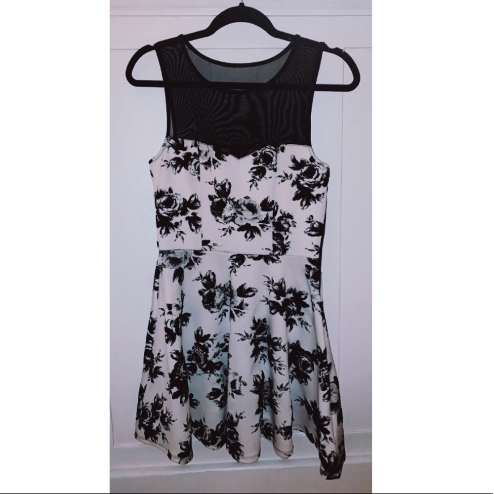 Black And White Dress With Floral Design And Mesh
